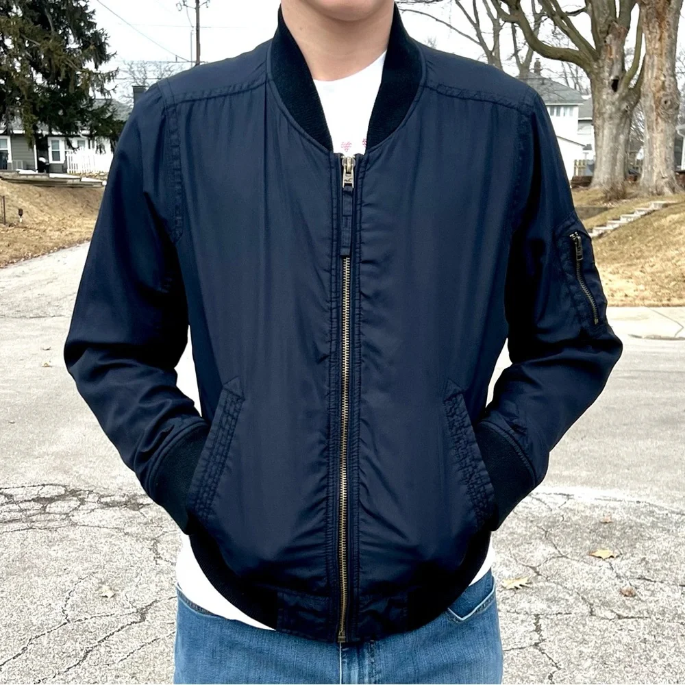 - Hollister L Navy Bomber Jacket! EUC!